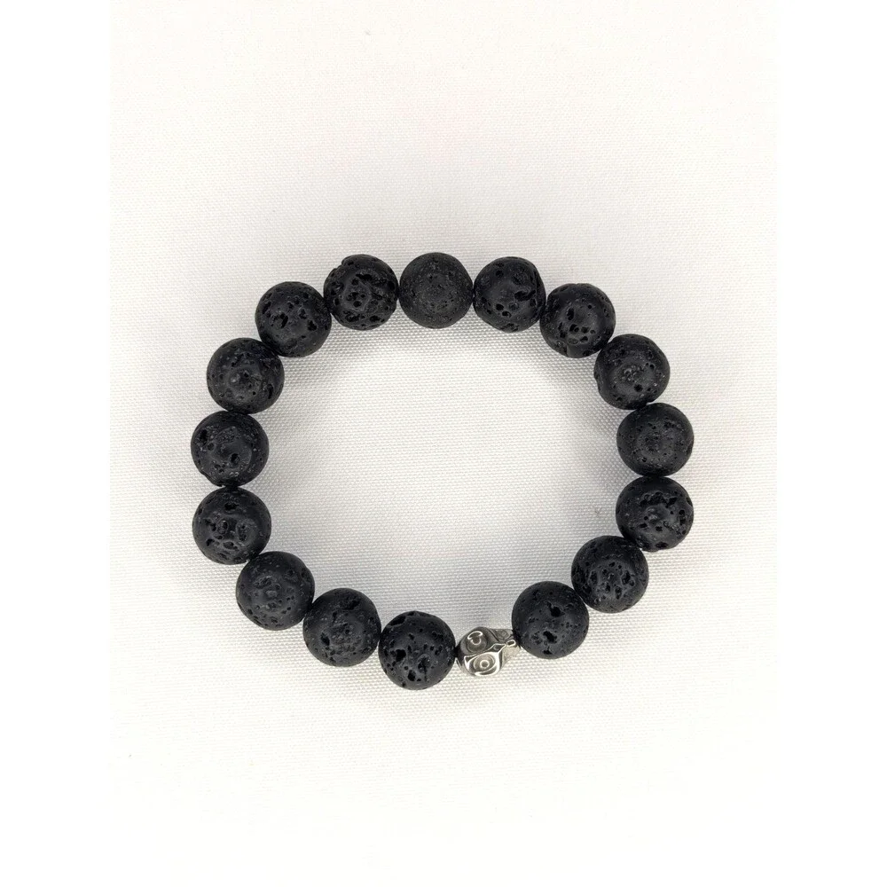 Hand-Crafted Genuine Lava Stone Bracelet with Skull - Black, Unisex NEW